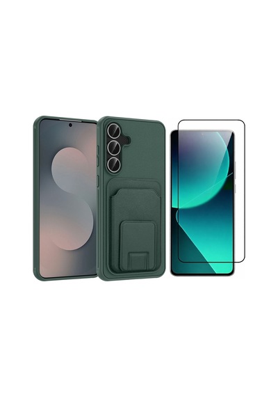 Vendas Samsung Galaxy Uyumlu S25 Fe Kılıf Kartlıklı Tpu Zore Bikart Kapak + Cam Ekran Koruyucu Koyu Yeşil