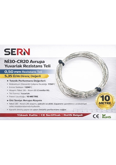 Sern Ni30-cr20 Avrupa Yuvarlak Rezistans Teli 0,50mm 5,35 Ω/m Direnç Değerli Paket: 10 Metre