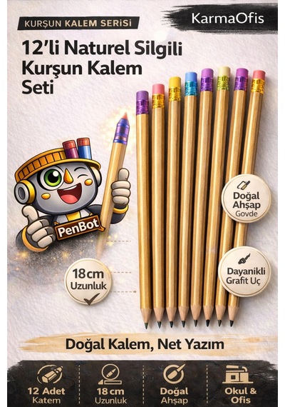 12'li Naturel Silgili Kurşun Kalem Hb 18 Cm Doğal Ahşap Okul Ofis Yazı Kalemi Ekru