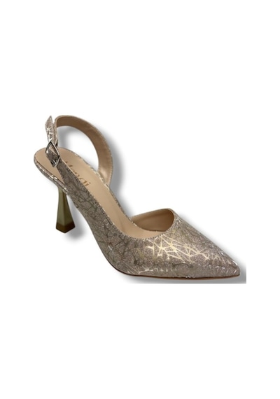 Mengi 685-26 Parlak Simli Saten İnce Topuk Arkası Açık Kadın Stiletto 9cm Bej