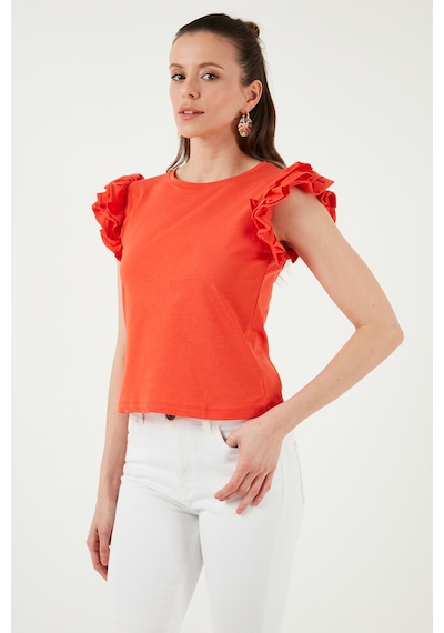 Lela Pamuklu Kolları Fırfırlı Slim Fit Bisiklet Yaka Bayan T Shirt 5864500 Nar Çiçeği