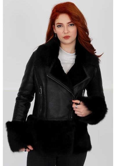 M M Marki Marki Lux Hakiki Deri Mont, Gösterişli Kürk Yaka/bilek/etek, Su Geçirmez - Siyah Elegant Fur - 103422