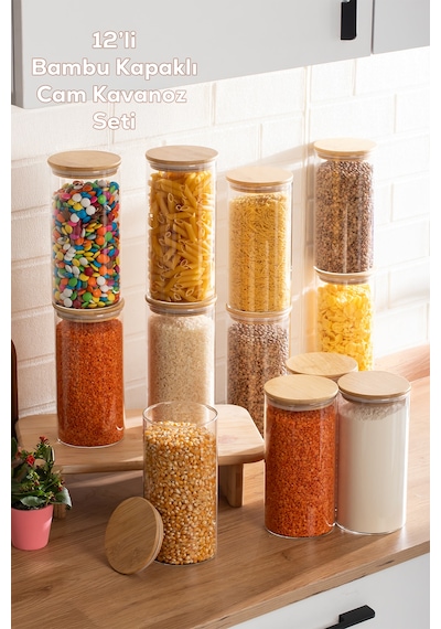 Porsima 3-4 Bambu Vakumlu Kapaklı Yuvarlak Cam 12li Kavanoz Seti Saklama Kabı 1650ml 10x25cm
