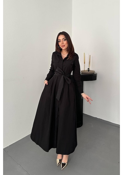 Alemdarshop Siyah Düğmeli Poplin Elbise - Siyah