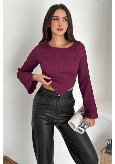 Noa & Noa İspanyol Kol Ribanalı Sivri Etek Uçlu Crop Bluz Modern & Vücuda Oturan Stil Bordo