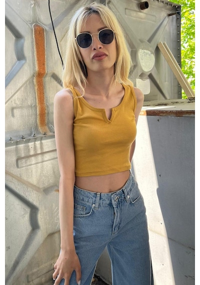 Madmext Mad Girls Önü Detaylı Hardal Crop Top Mg362-hardal
