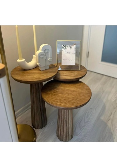 Wood 3 Lü Set Mantar Yan Sehpa Modern Ahşap Ceviz Renk Fiskos / Çiçeklik Ceviz