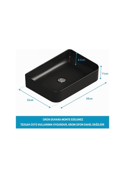 Aqua Bagno Mestola Tezgah Üstü Lavabo Batarya Deliksiz 50x35 Cm Mat Siyah Beyaz