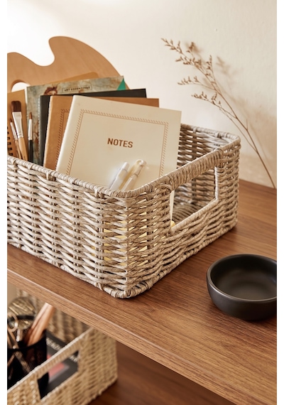 Ocean Home Textile 2'li Yıkanabilir Gri Pp Rattan Sepet Set 33 X 23 X 11 / 39 X 29 X 13 Cm