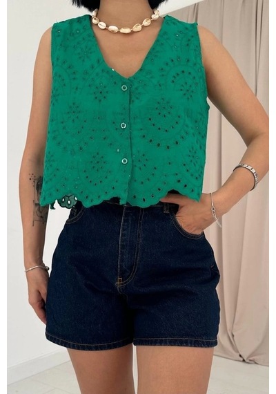 Defymoda Yeşil Sıfır Kol Brode Bluz Yeşil
