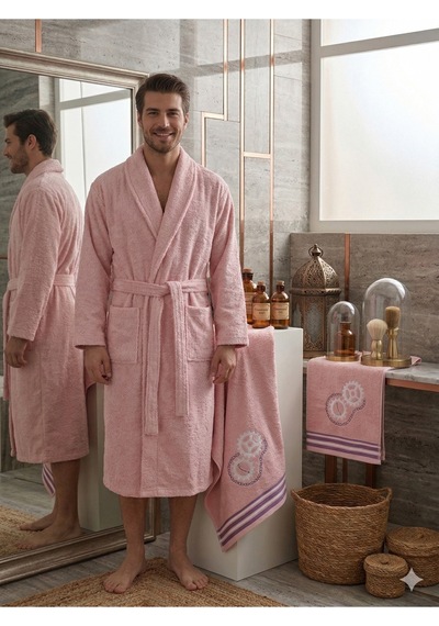 Premium 2'li Aile Bornoz Seti Çeyizlik Pamuklu Hediyelik Banyo Takımı L/xl Pudra
