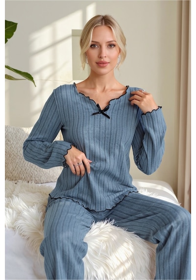 Bella Notte İndigo Pamuklu Fiyonk Detaylı Pijama Takımı Mavi