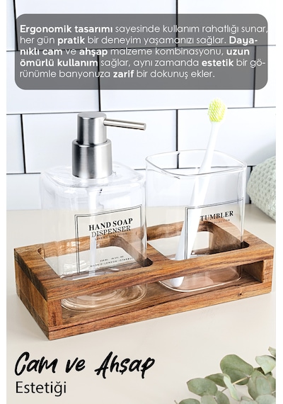 Ahşap Standlı Cam Sıvı Sabunluk Seti - Sıvı Sabun Şişesi Diş Fırçalığı Banyo Seti Şeffaf 550 Ml Beyaz