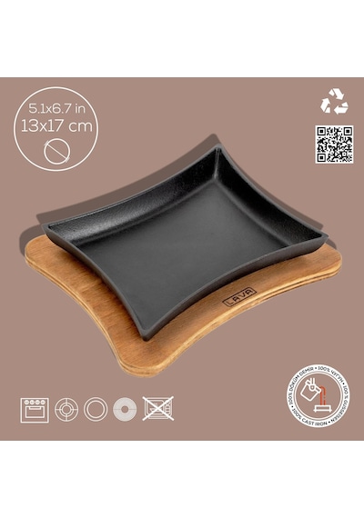 Lava Döküm Dikdörtgen Servis Tabağı Ve Ahşap Altlığı. Ölçü 13x17cm.