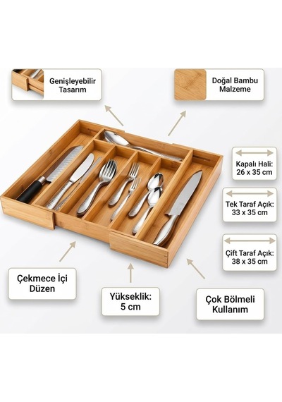 Lexroo 7 Bölmeli Bambu Kaşıklık Antibakteriel Çekmece İçi Düzenleyici Organizer Çok Renkli