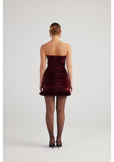 Holly Lolly Drapeli Straplez Kesim Kadife Mini Samantha Elbise Bordo