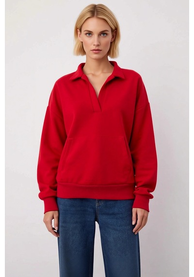 Benerly Kadın Polo Yaka Düşük Kol Geniş Kesim Örme Sweatshirt Fonksiyonel Kırmızı