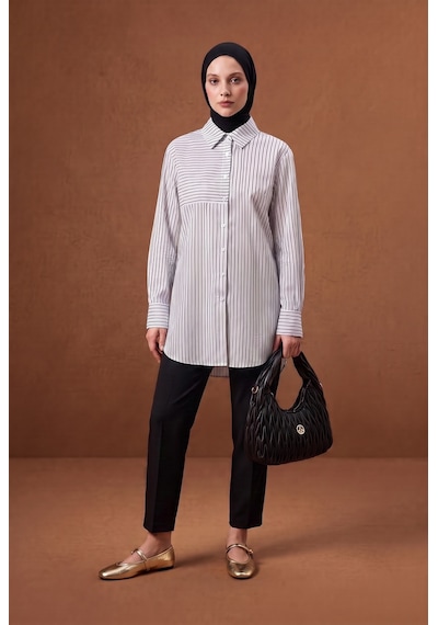 Armine Trend Çizgili Asimetrik Blok Detaylı Düğmeli Uzun Kollu Oversize Gömlek Tunik 90 Cm Boy Siyah 26yt490