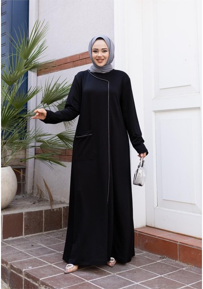 Hb Harma Time Butik Kadın Taş Detaylı Cepli Rahat Kalıp Siyah Elbise Siyah Siyah