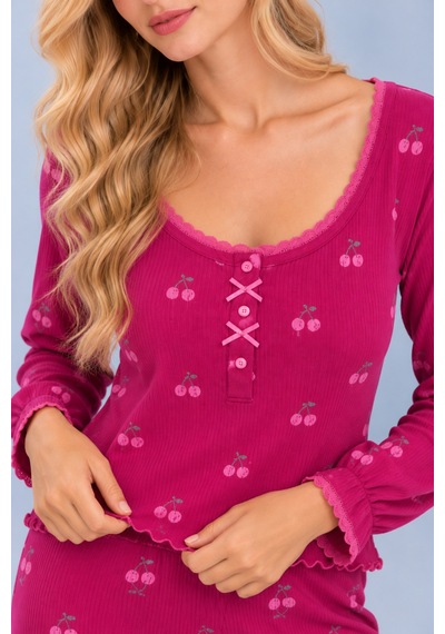 Pijamask Kadın Desenli Dantel Detaylı Fiyonk Ve Düğmeli Uzun Kollu Pijama Takımı Pembe-25