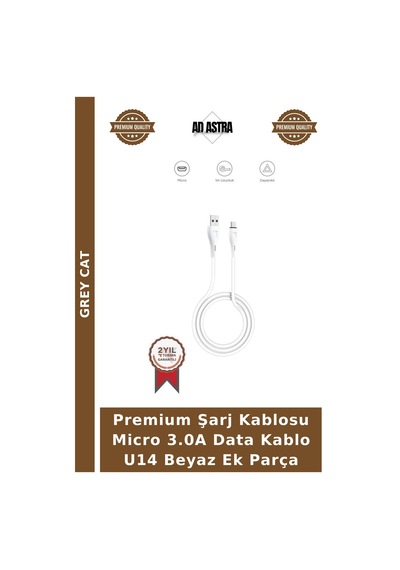 Premium Şarj Kablosu Micro 3.0a Data Kablo U14 Beyaz Ek Parça