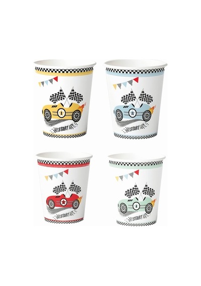 Karton Yarış Arabaları 23 Cm 8'er Adet Tabak Bardak Popcorn Kürdan Set Doğum Günü Seti Aksesuar Çok Renkli