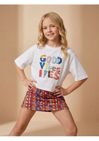 Zekids Kız Çocuk Good Vibes Baskılı Oversize T-shirt-17189 Ekru