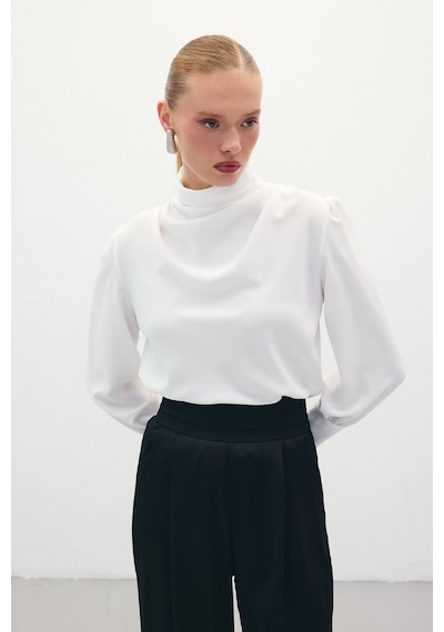 Sateen Drape Detaylı Bluz - Ekru