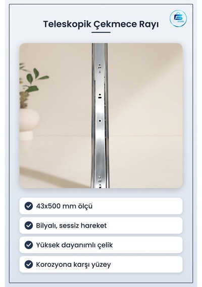 Teleskopik Bilyalı Çekmece Rayı 43x500mm Mobilya Hırdavatı Mutfak Çok Renkli