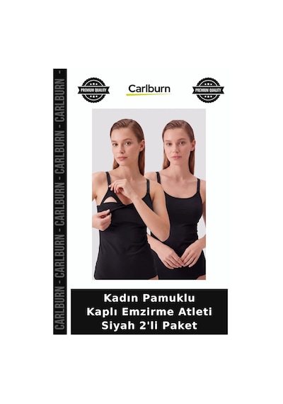 Carlburn Kadın Pamuklu Kaplı Emzirme Atleti Siyah 2'li Paket Vücut Uyumlu Fonksiyonel Terletmez Atlet