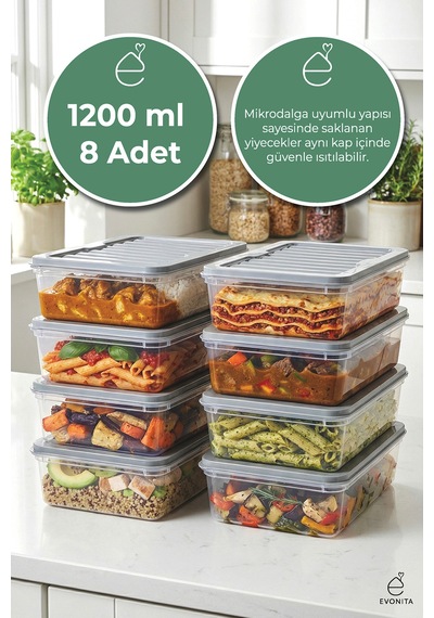 8 Adet 1200 Ml Saklama Kabı Seti Kapaklı Plastik Buzdolabı Düzenleyici Mikrodalga Uyum Şeffaf