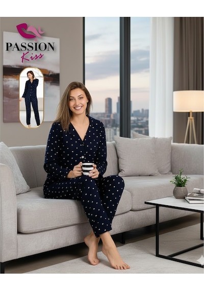 Passion Kalp Desenli Uzun Kollu Kadın Pijama Takımı Çok Renkli
