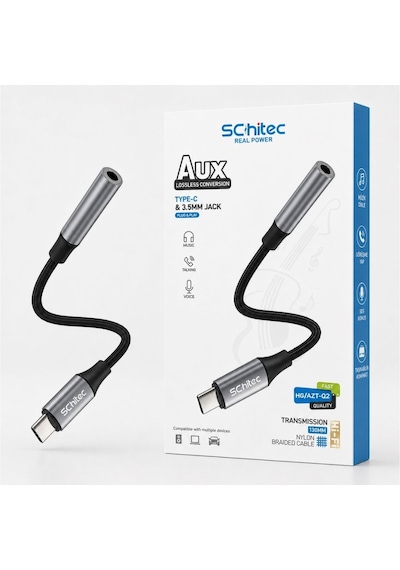Schitec Type-c To 3.5mm Aux Dönüştürücü Adaptör Hifi Stereo Ses 10cm Siyah Hg/axt-02