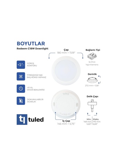 Redeem C18w Downlight, Titreşimsiz, Göz Konforu, 1608 Lümen, Soğuk Beyaz, 6500 Kelvin Diğer