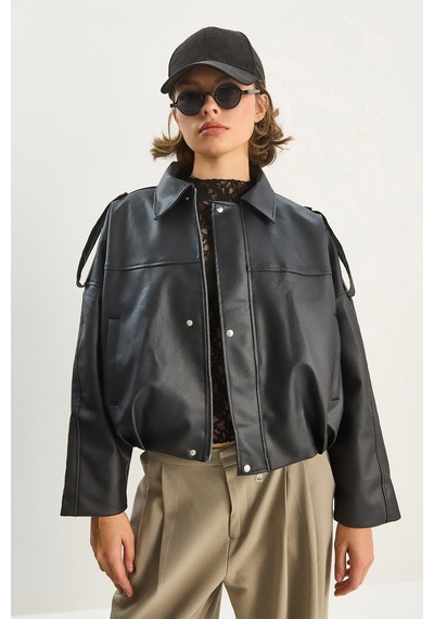Shade Kadın Apolet Detaylı Cepli Oversize Suni Deri Bomber Ceket 1055 60283650 - Siyah