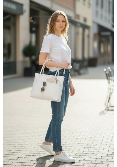 Kadın Tote Shopper Çanta Kontrast Dikiş Ön Cep Ve Cüzdan Detaylı Geniş Hacimli Casual Günlük Omuz Çantası Krem