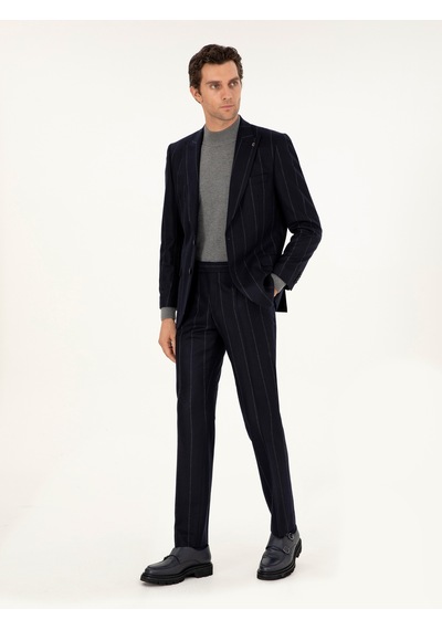 Cacharel Koyu Lacivert Slim Fit Çizgili Yün Takım Elbise Cacharel Koyu Lacivert Slim Fit Çizgili Yün Takım Elbise