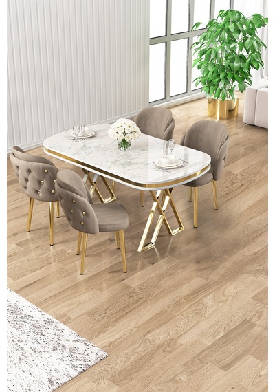 Canisa Zae Serisi 90x168 Lak Panel Beyaz Mermer Desen Gold Ayak Masa Takımı 4 Cappucinosandalye Beyaz Mermer Desen Masa,cappucino Sandalye Canisa Zae Serisi 90x168 Lak Panel Beyaz Mermer Desen Gold Ayak Masa Takımı 4 Cappucinosandalye Beyaz Mermer Desen Masa,cappucino Sandalye
