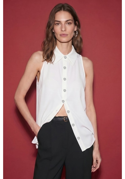 Sateen Halter Yaka Gömlek - Ekru-137483