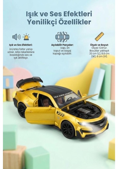 Işıklı Sesli Pilli 1:24 Ölçekli Metal Chevrolet Camaro Kapısı Kaputu Ve Bagajı Açılan Model Araba Sarı
