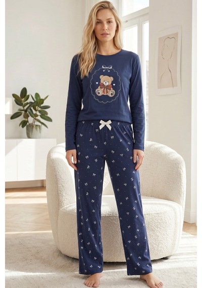 Siyah İnci Pamuklu Likralı Örme Pijama Takım26241164 Lacivert