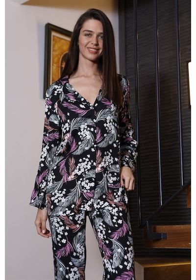 Monamise Kadın Çiçek ve Yaprak Desenli Gömlek Yakalı Önü Boydan Düğmeli Pijama Takımı 20043 Çok renkli