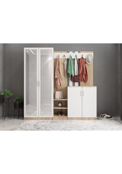 Flora Aynalı Portmanto Vestiyer  Meşe - Beyaz 225  CM