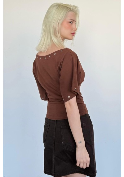 Madmext Kahverengi Off Shoulder Metal Detaylı Kadın Bluz Mg2671 Kahverengi