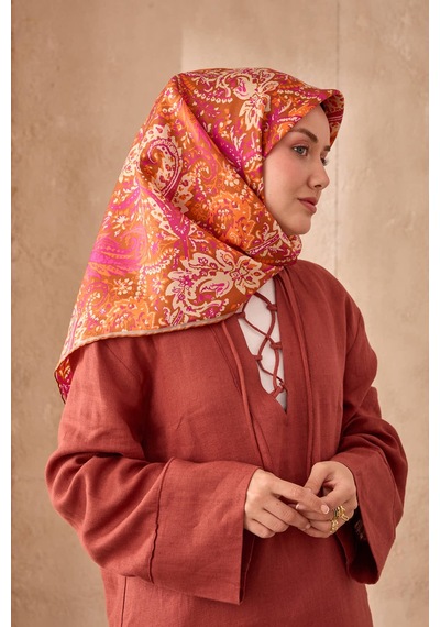 Silk Home Twill İpek Eşarp 11473-23 Tarçın, Magenta, Bej, Parlak Turuncu
