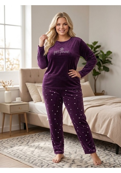 Büyük Beden Likralı Yumuşak Dokulu Uzun Kollu Kadife Pijama Takımı Mürdüm Büyük Beden Likralı Yumuşak Dokulu Uzun Kollu Kadife Pijama Takımı Mürdüm