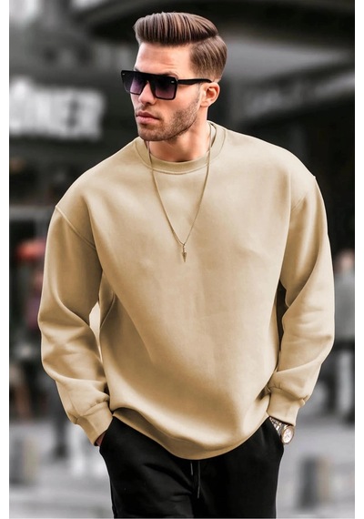 Erkek Düz Bisiklet Yaka 3 İplik Pamuklu Sweatshirt - Bej
