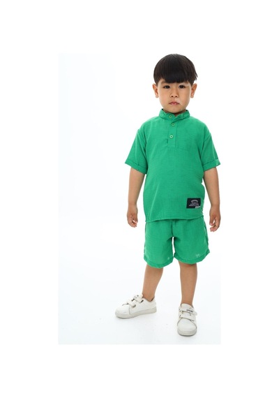 Lolliboomkids Erkek Çocuk Düğmeli Hakim Yaka Müslin Kumaş Şort Takım 2 Parça Yeşil