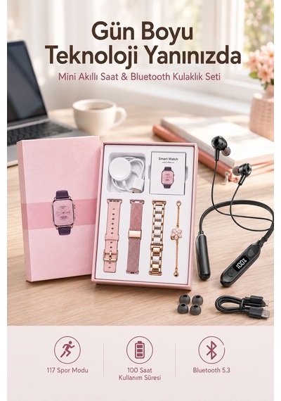 Kablolu Bluetooth Kulaklık Ve Kadınlara Özel Bileklik Hediyeli Yeni Nesil Akıllı Saat 3 Kordonlu