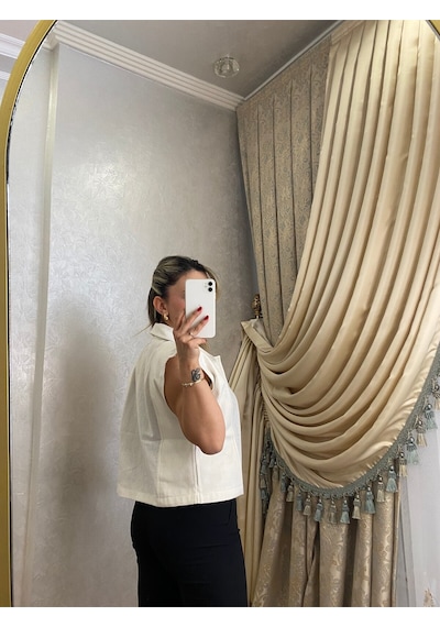 İlayla Keten Kot Karışımlı Yelek Krem